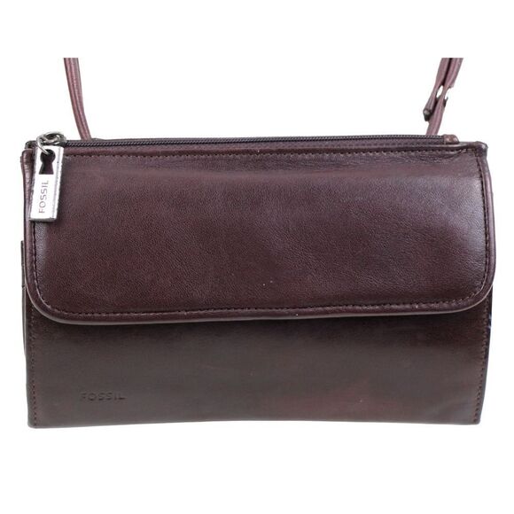 FOSSIL BROWN GENUINE LEATHER CROSSBODY BAG CLUTCH WALLET ID CARD MESSENGER PURSE - Picture 3 of 12